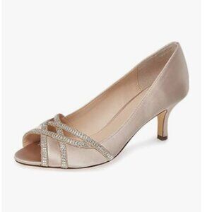 XYD Nude Prom Wedding Kitten Low Heels Dress Pumps Peep Toe Rhinestones Shoes